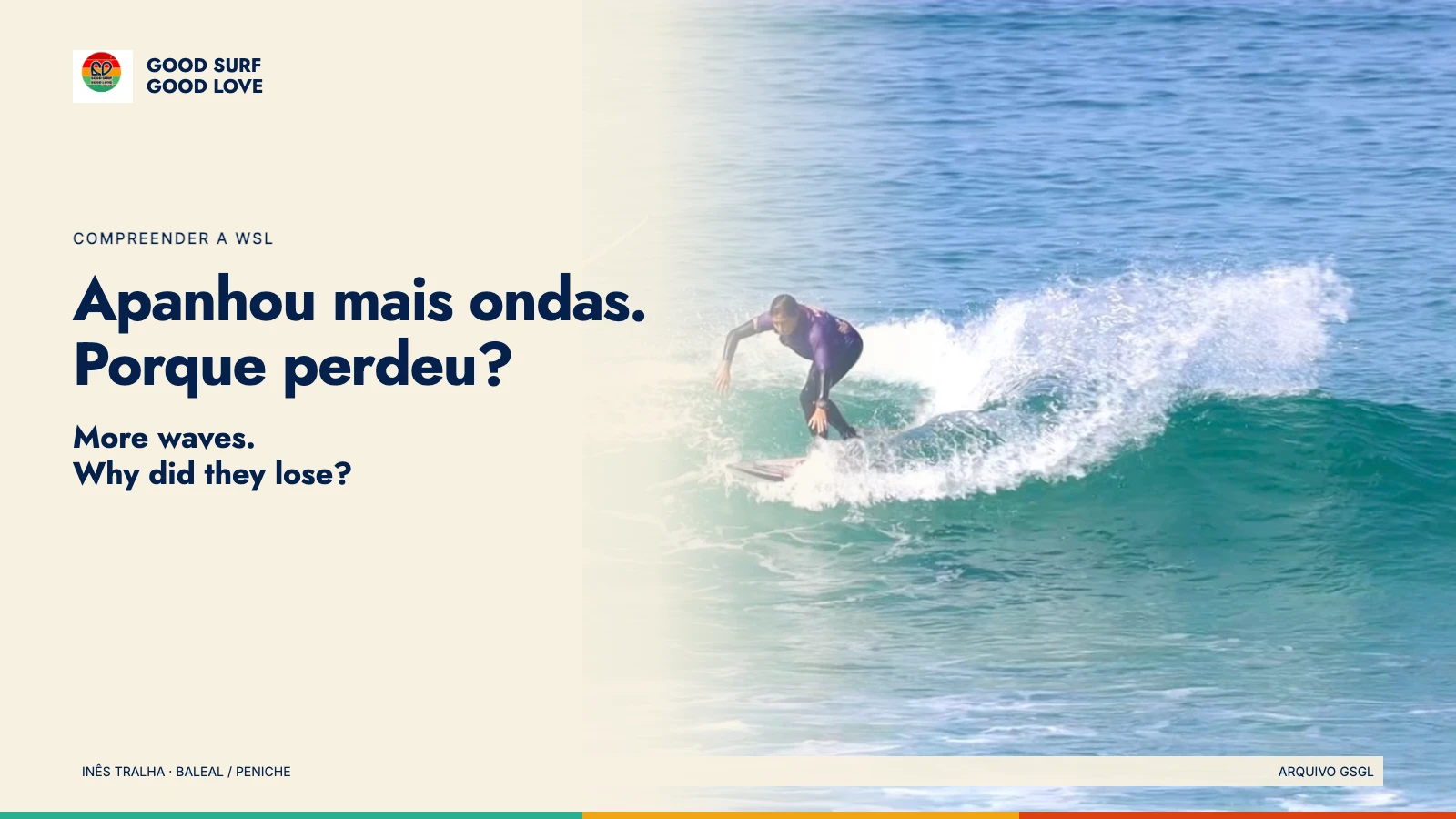 Surfista a executar uma curva numa onda. Título: Apanhou mais ondas. Porque perdeu? More waves. Why did they lose? Fotografia de arquivo GSGL.